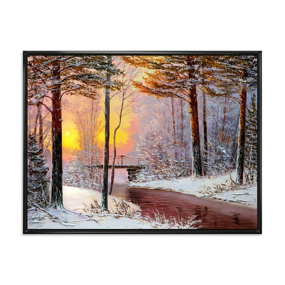 Designart 'Christmas Forest With Trees and River IV' Traditional Framed Canvas Wall Art Print