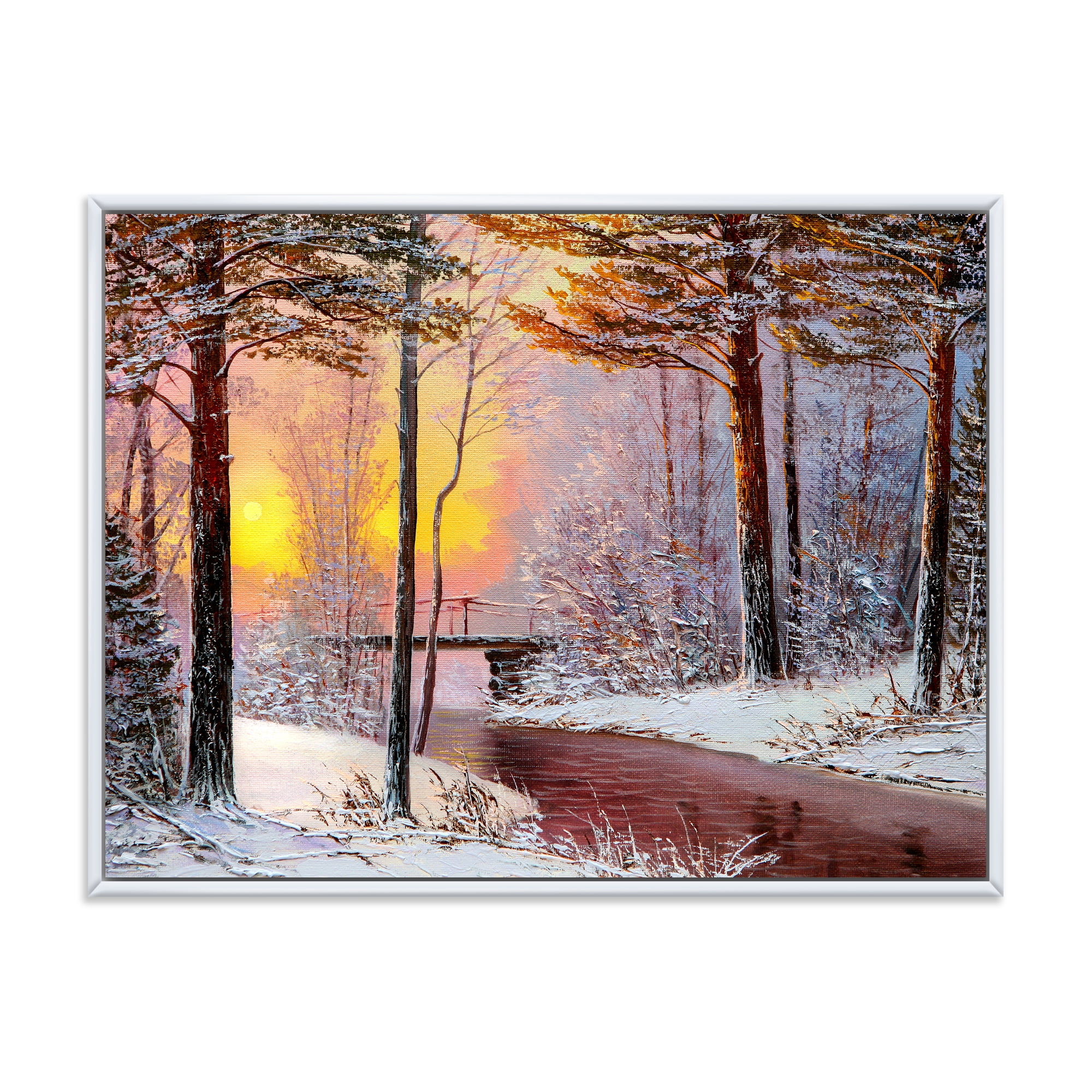 Designart 'Christmas Forest With Trees and River IV' Traditional Framed Canvas Wall Art Print
