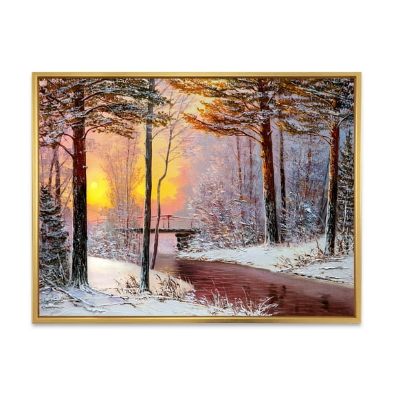 Designart 'Christmas Forest With Trees and River IV' Traditional Framed Canvas Wall Art Print
