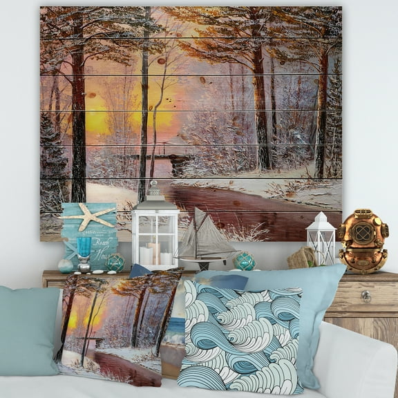 Designart 'Christmas Forest With Trees and River IV' Traditional Print on Natural Pine Wood