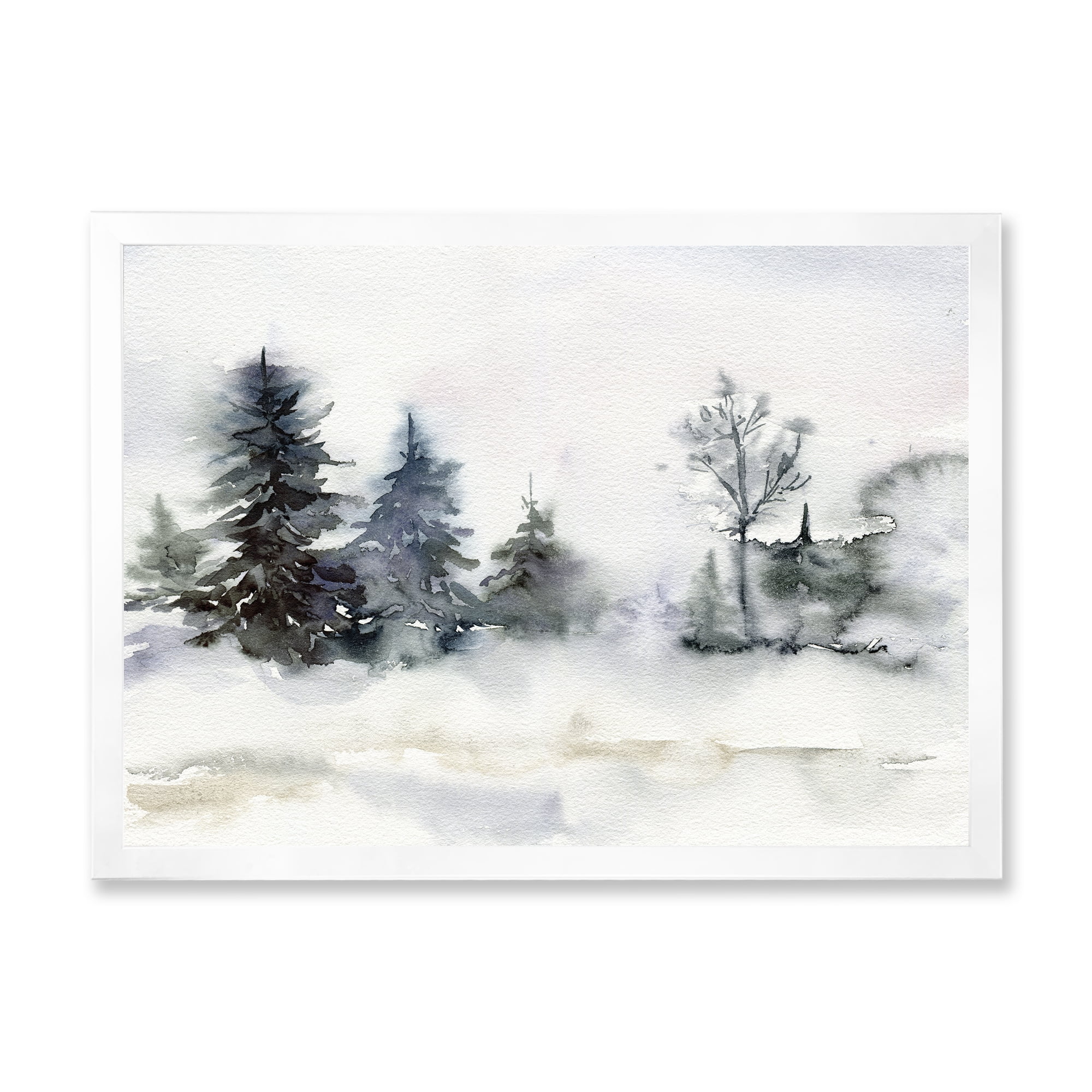 Designart 'Christmas Minimalistic Snow and Forest Landscape' Lake House Framed Art Print
