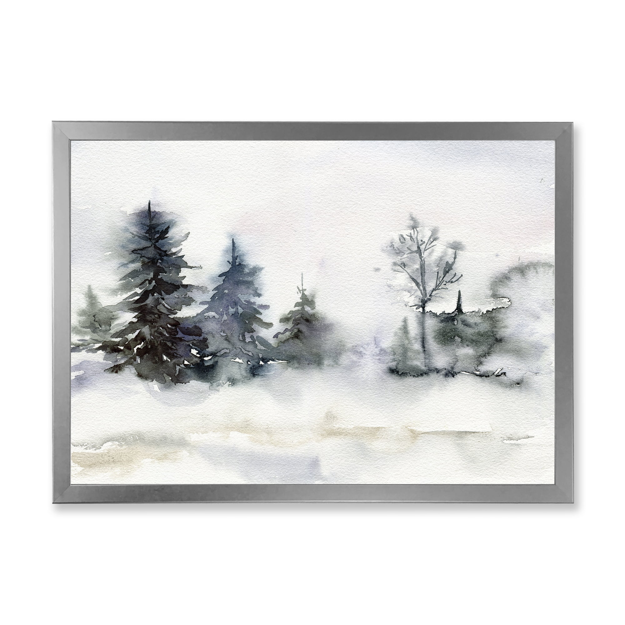 Designart 'Christmas Minimalistic Snow and Forest Landscape' Lake House Framed Art Print