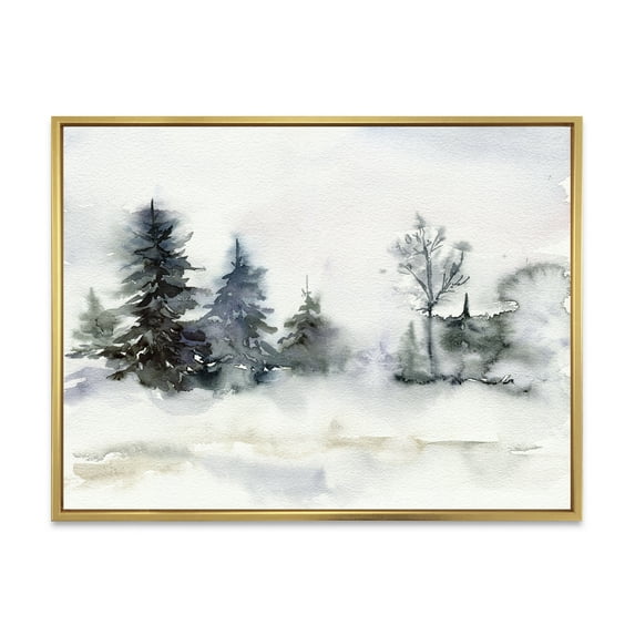 Designart 'Christmas Minimalistic Snow and Forest Landscape' Lake House Framed Canvas Wall Art Print