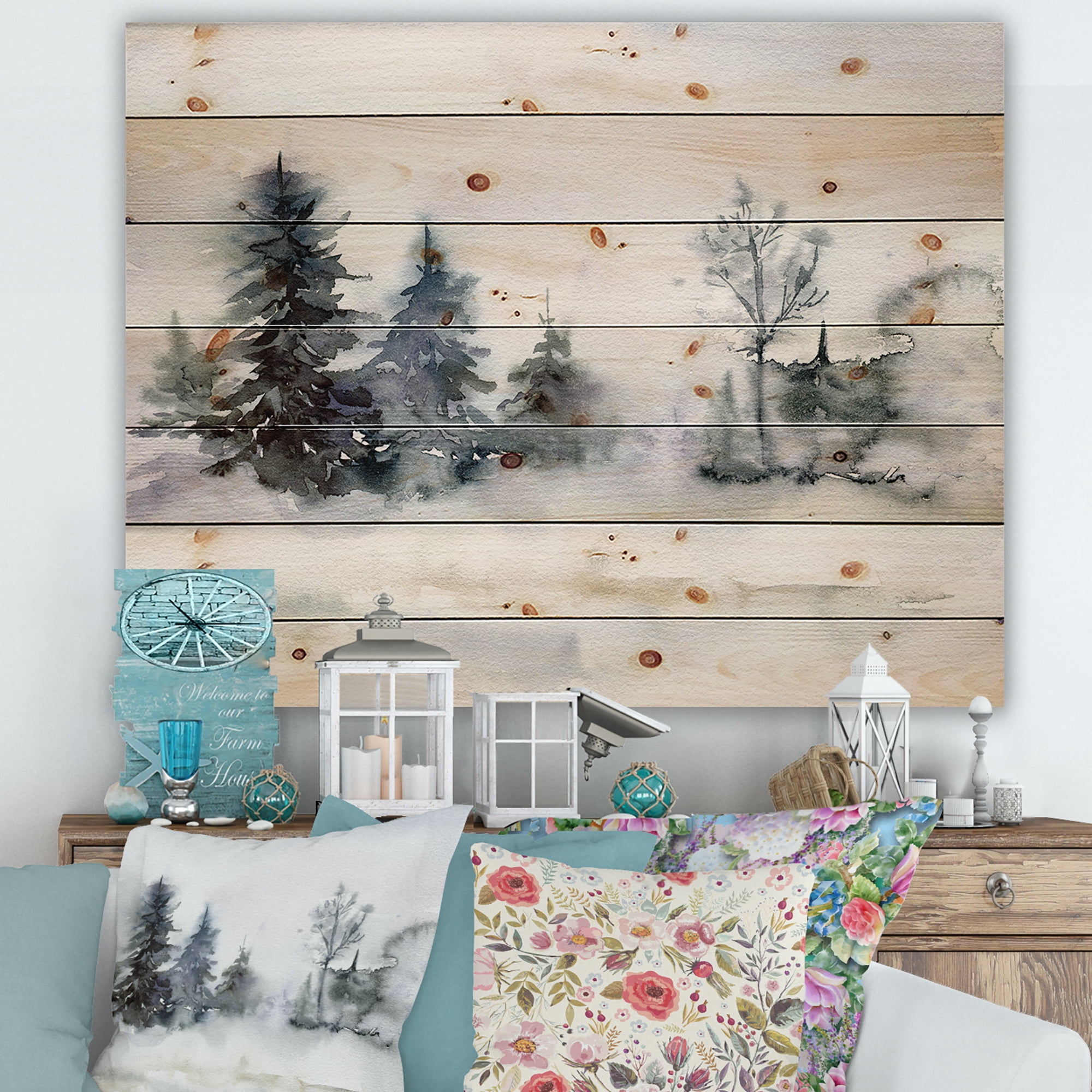 Designart 'Christmas Minimalistic Snow and Forest Landscape' Lake House Print on Natural Pine Wood