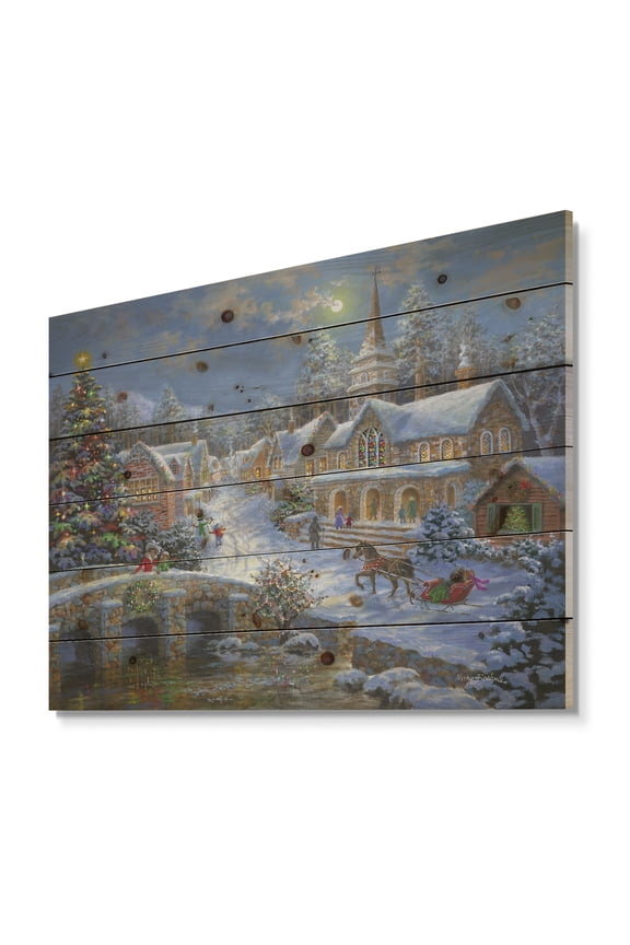 'Christmas Paradise with church snow and open sleigh' Print on Natural Pine Wood