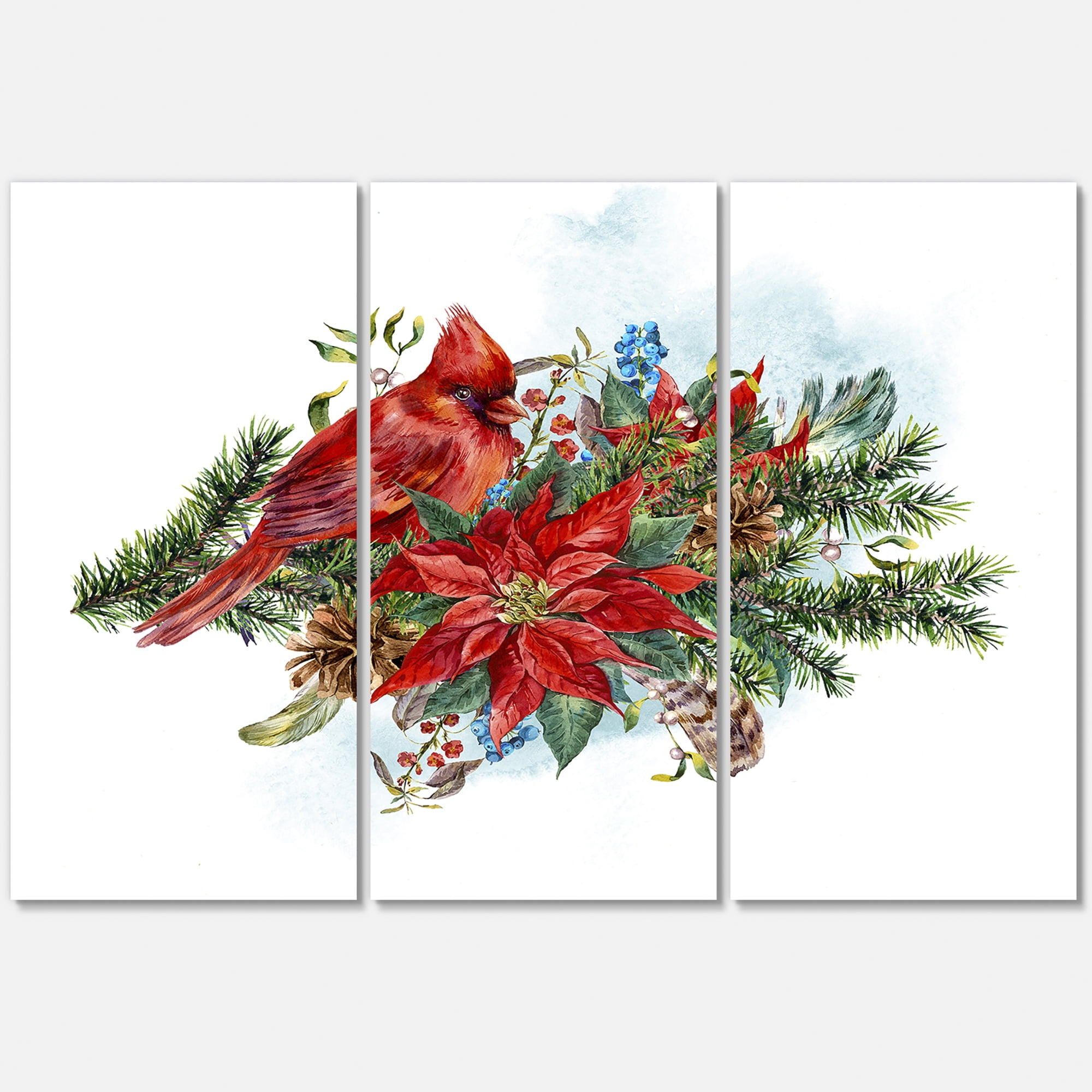 Designart ' Christmas Red Cardinal Bird and Poinsettia ' Traditional Canvas Wall Art Print