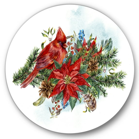 Designart 'Christmas Red Cardinal Bird and Poinsettia' Traditional Circle Metal Wall Art 29x29 - Disc of 29