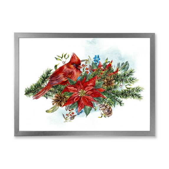 Designart 'Christmas Red Cardinal Bird and Poinsettia' Traditional Framed Art Print