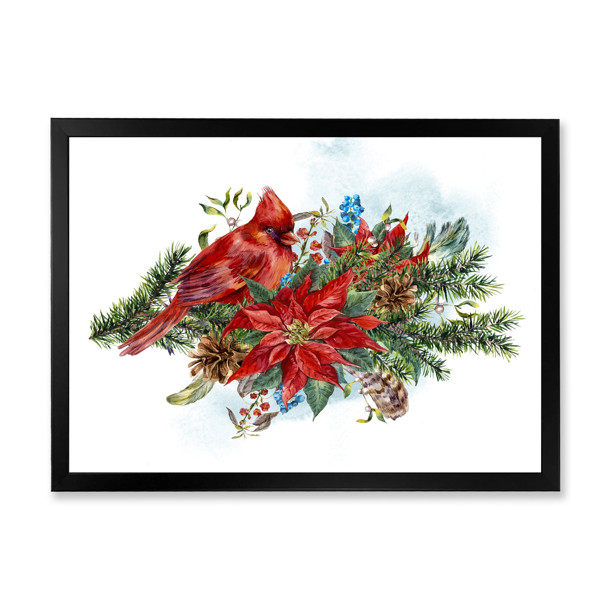 Designart 'Christmas Red Cardinal Bird and Poinsettia' Traditional Framed Art Print