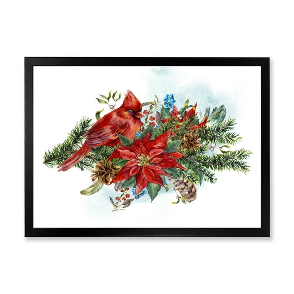 Designart 'Christmas Red Cardinal Bird and Poinsettia' Traditional Framed Art Print