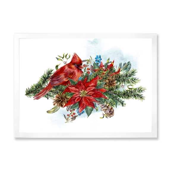 Designart 'Christmas Red Cardinal Bird and Poinsettia' Traditional Framed Art Print