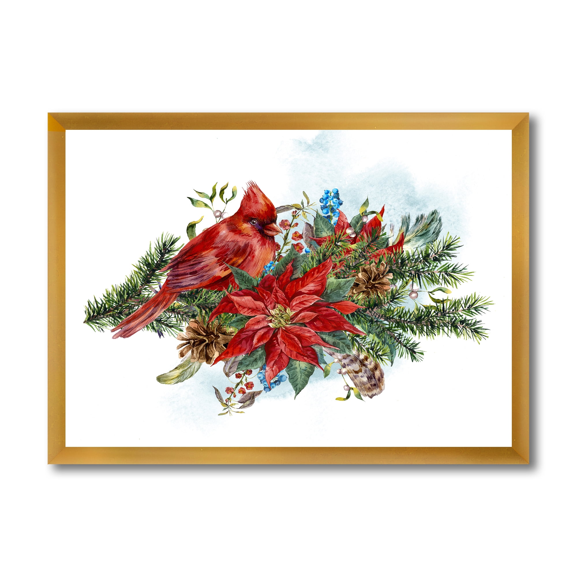 Designart 'Christmas Red Cardinal Bird and Poinsettia' Traditional Framed Art Print
