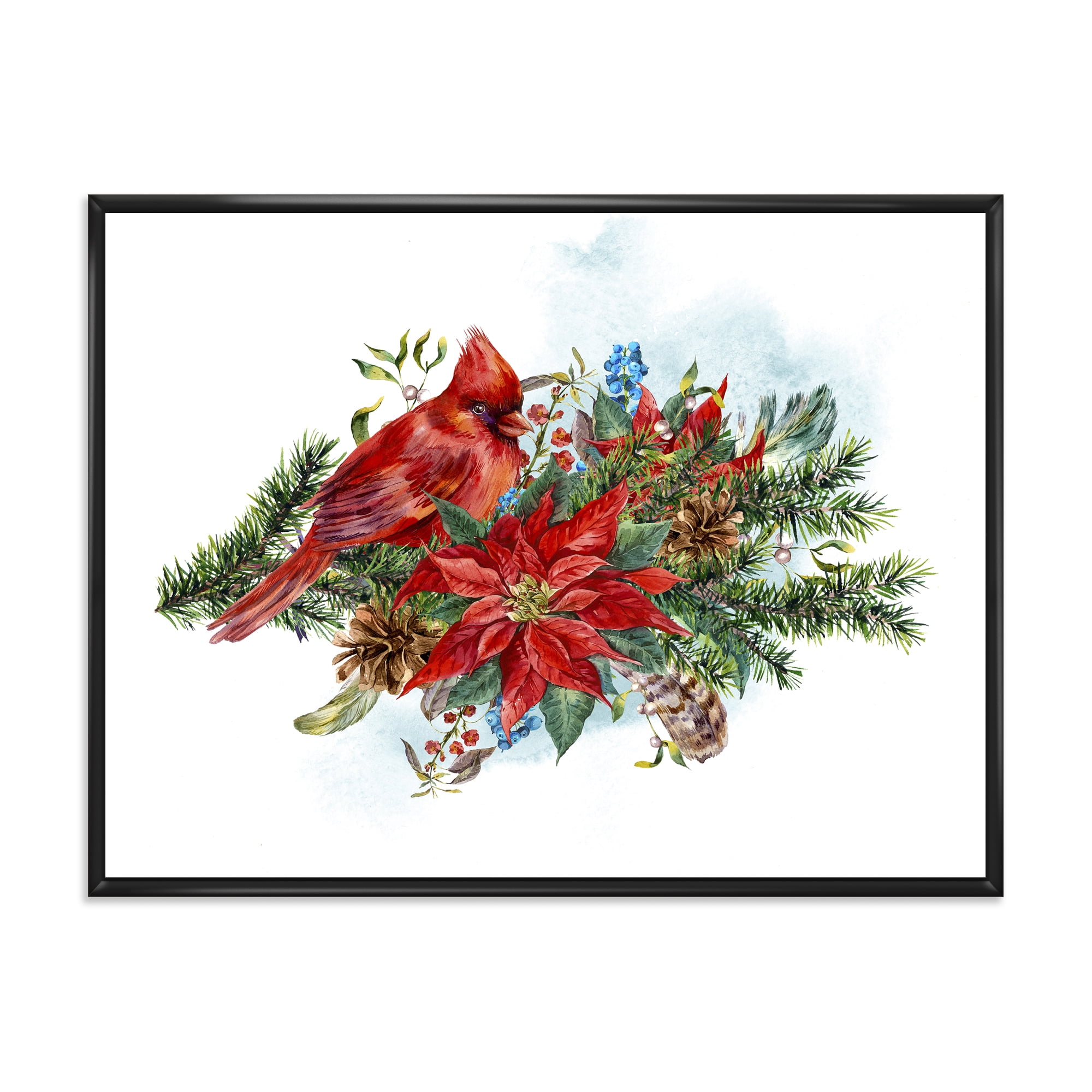 Designart 'Christmas Red Cardinal Bird and Poinsettia' Traditional Framed Canvas Wall Art Print