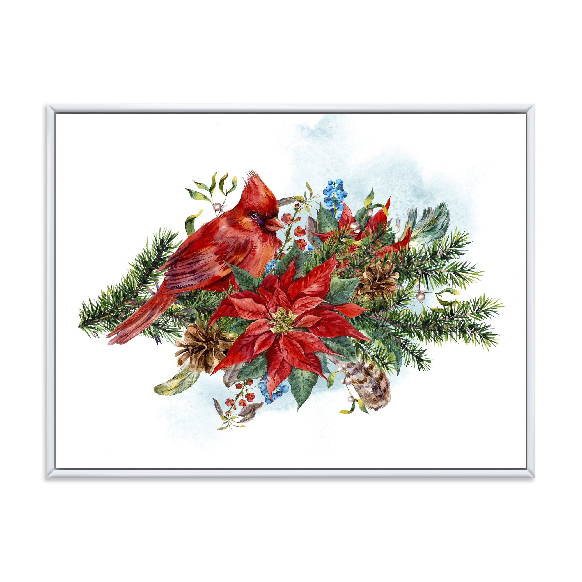 Designart 'Christmas Red Cardinal Bird and Poinsettia' Traditional Framed Canvas Wall Art Print
