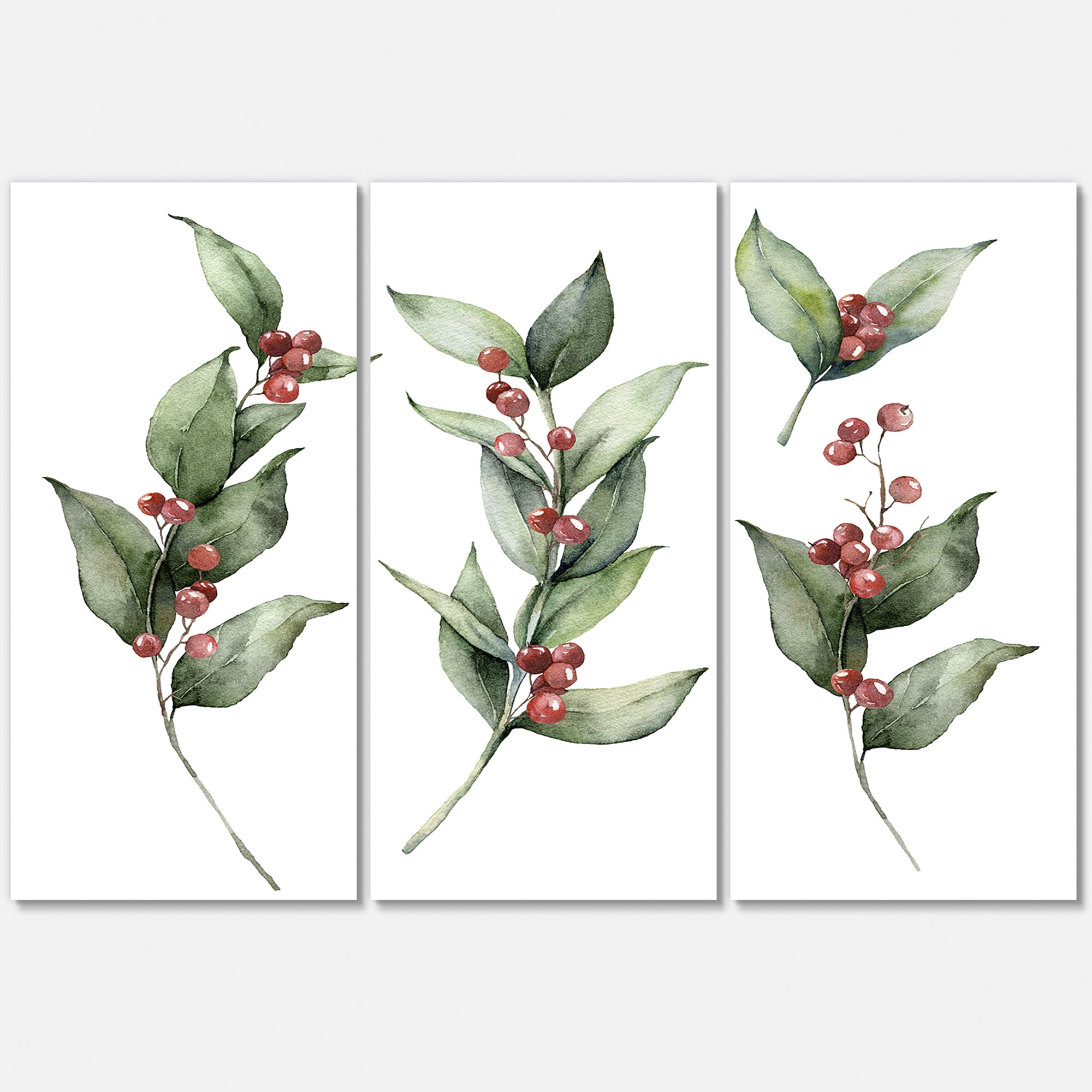Designart ' Christmas Set Red Berrie With Branches ' Traditional Canvas Wall Art Print