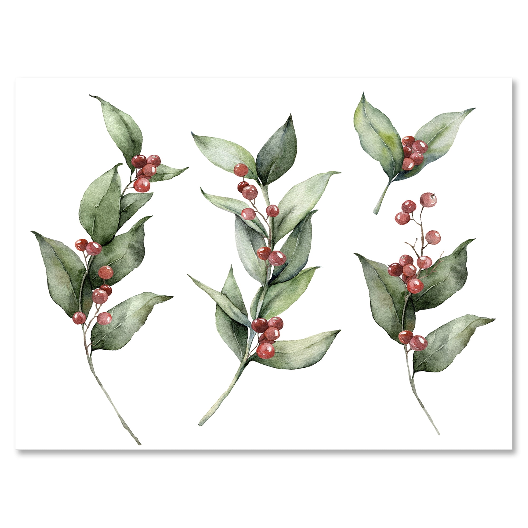 Designart ' Christmas Set Red Berrie With Branches ' Traditional Canvas Wall Art Print