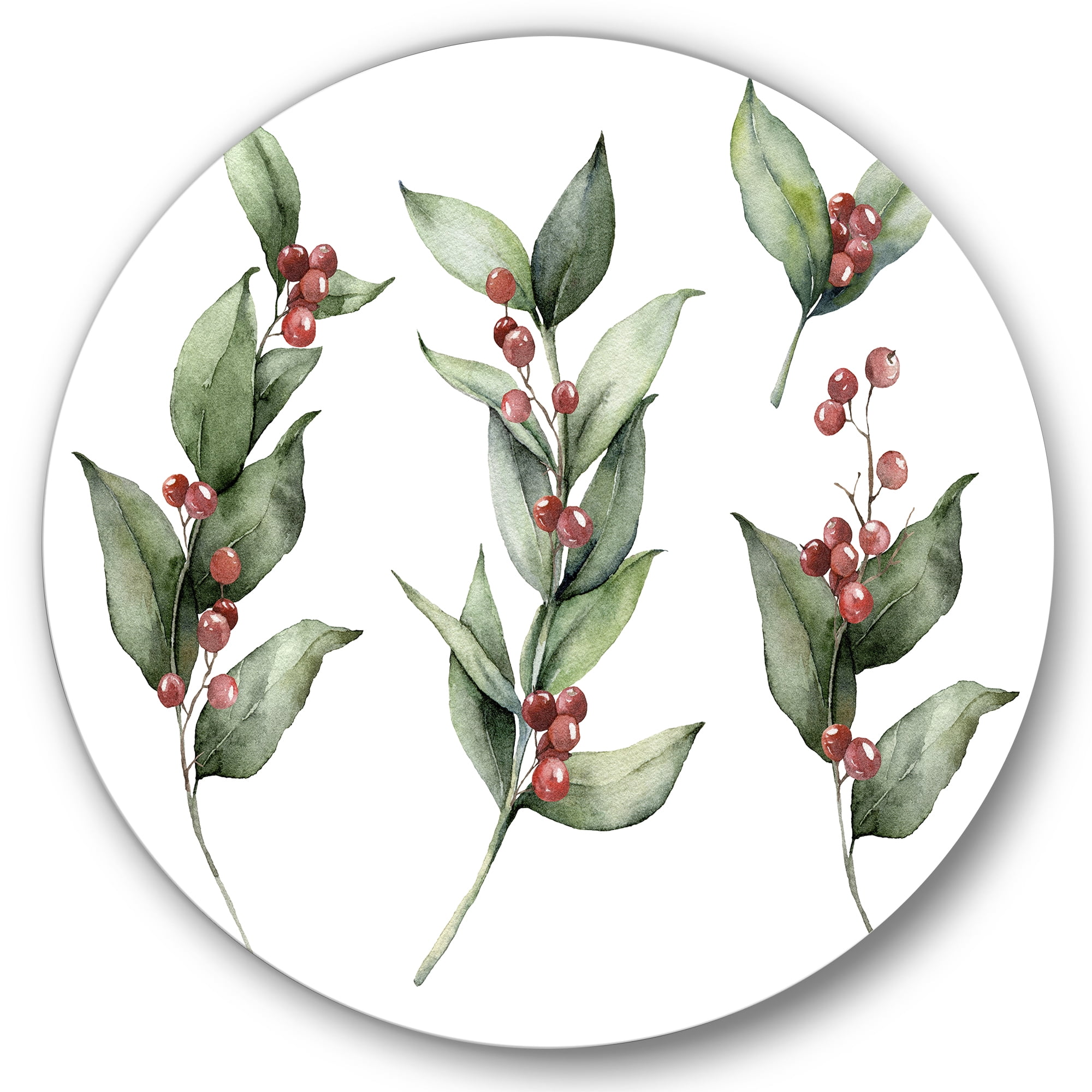 Designart 'Christmas Set Red Berrie With Branches' Traditional Circle Metal Wall Art 23x23 - Disc of 23