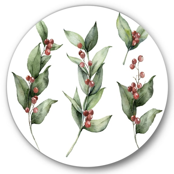 Designart 'Christmas Set Red Berrie With Branches' Traditional Circle Metal Wall Art 29x29 - Disc of 29