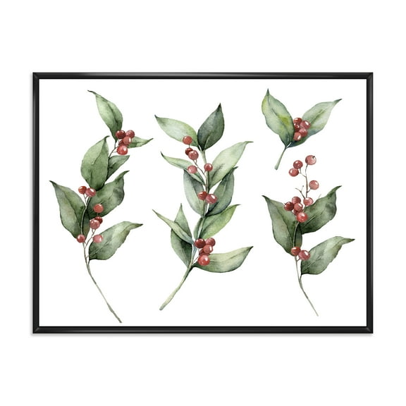 Designart 'Christmas Set Red Berrie With Branches' Traditional Framed Canvas Wall Art Print