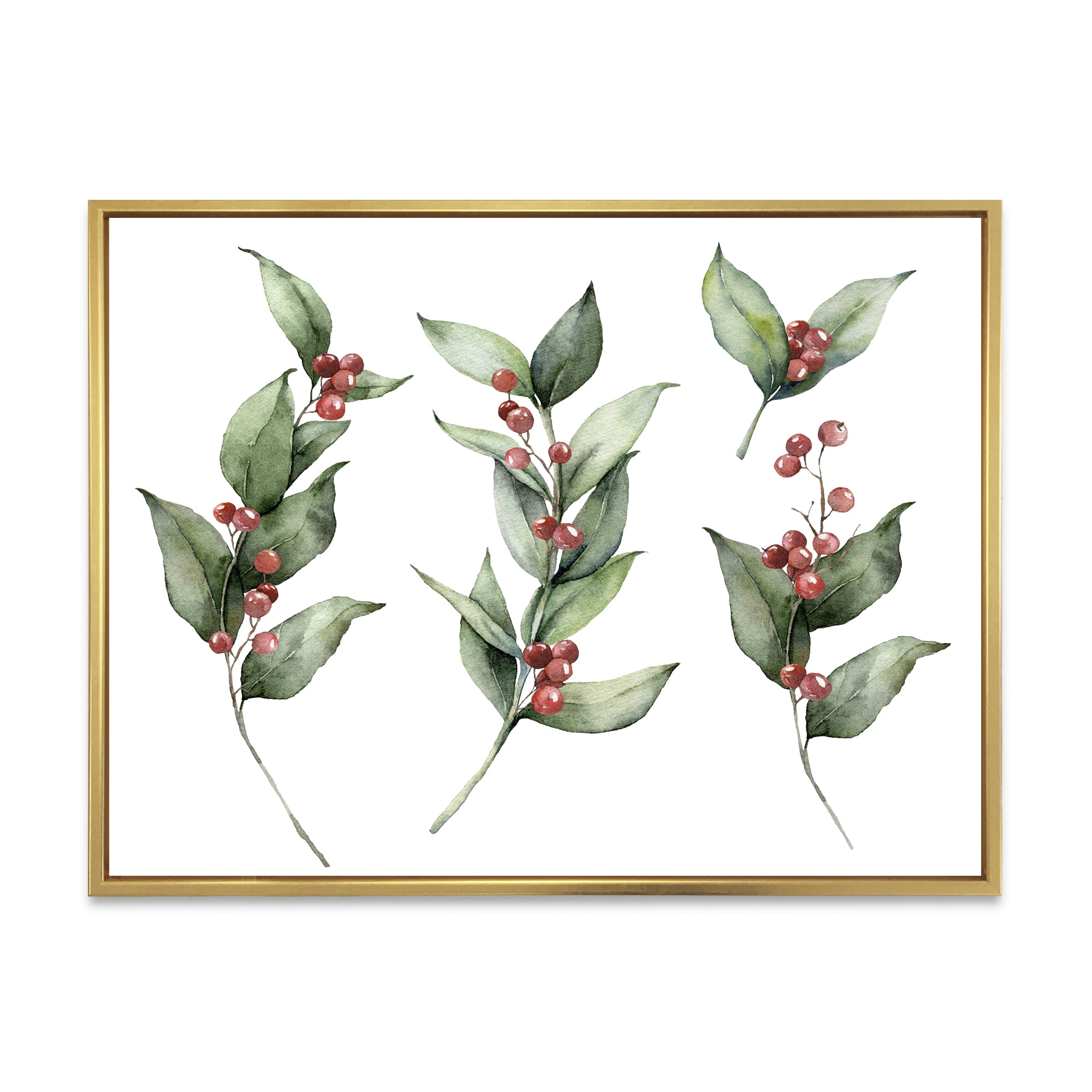 Designart 'Christmas Set Red Berrie With Branches' Traditional Framed Canvas Wall Art Print
