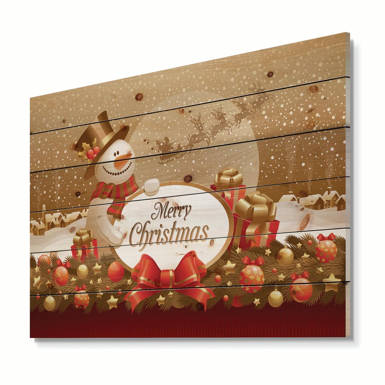 Designart 'Christmas Sowman on Gold with Flying Reindeer' Print on Natural Pine Wood