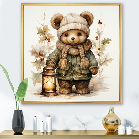 Designart "Christmas Teddy Bear Wonderland II" People Framed Wall Art - Traditional Brown Nursery Teddy Bear Entryway Framed Wall Art Print