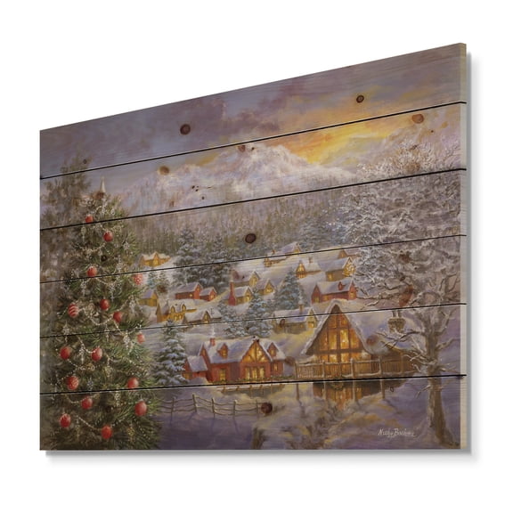 Designart 'Christmas Winter Mountain Town With Christmas Tree' Print on Natural Pine Wood