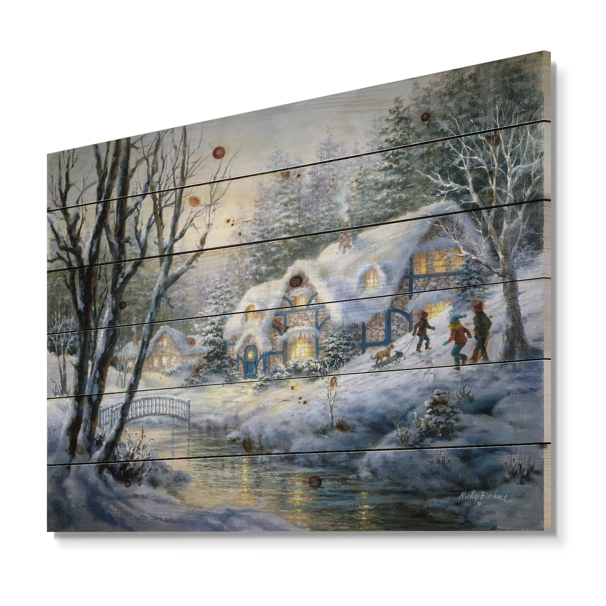 Designart 'Christmas evening Winter Frolic' Print on Natural Pine Wood
