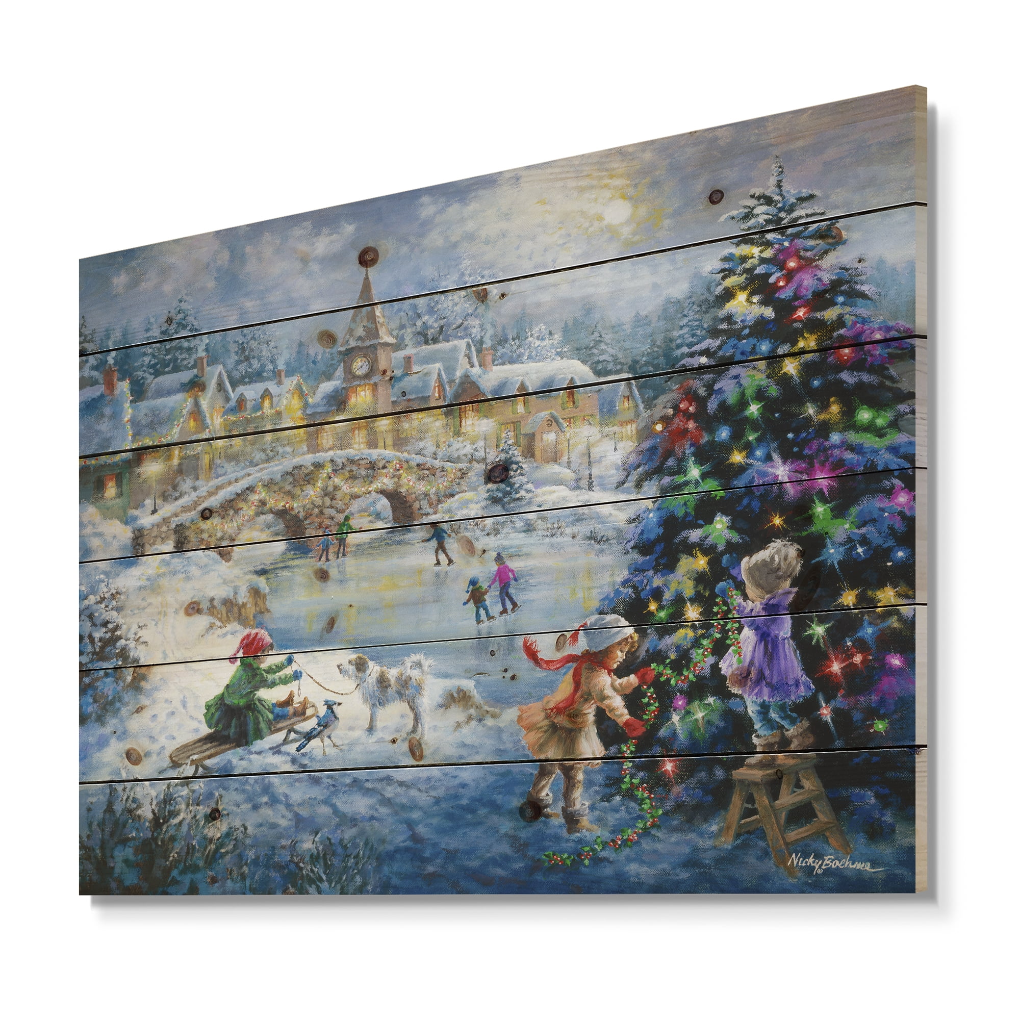 Designart 'Christmas tree decorating sledding children ' Print on Natural Pine Wood
