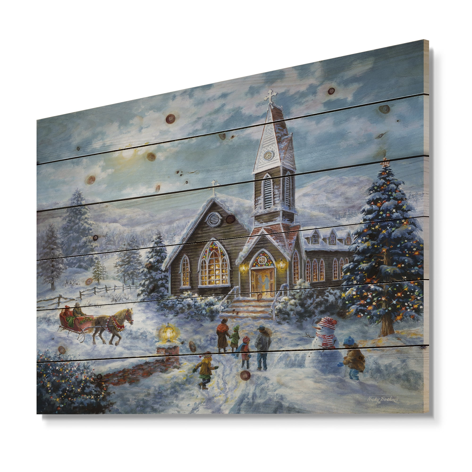 Designart 'Christmas worship, Parents Pray, Children Play' Print on Natural Pine Wood