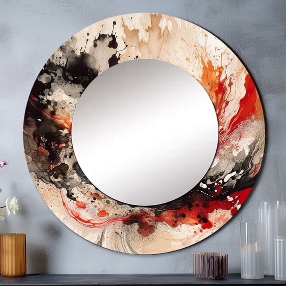 Designart "Chromatic Agate in Red and Black II" Abstract Rund Mirror For Wall Decor - Large Red Round Printed Mirror - Modern Round Mirror 29" x 29" Inch