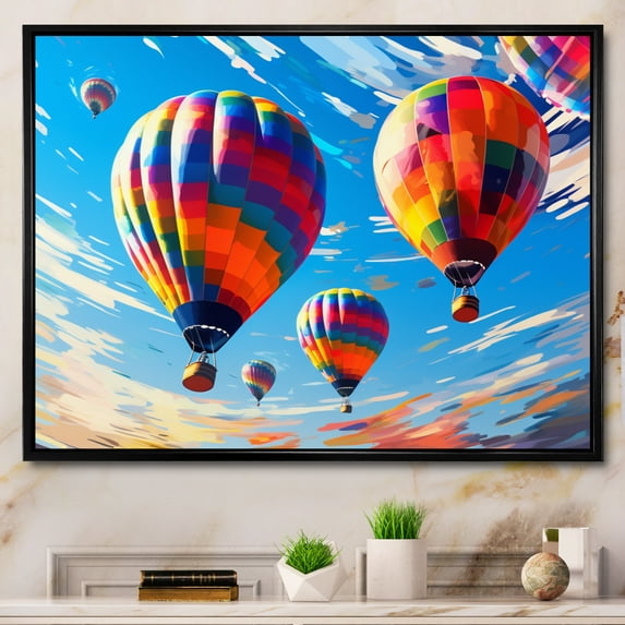 Designart "Chromatic Beauty in Colorful Hot Air Balloon" Transportation Floater Framed Wall Art Print
