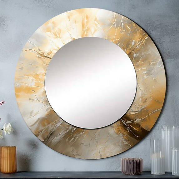 Designart "Chromatic Essence in Gold and Silver I" Abstract Rund Mirror For Wall Decor - Large Gold Round Printed Mirror - Modern Round Mirror 23" x 23" Inch