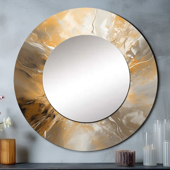 Designart "Chromatic Essence in Gold and Silver II" Abstract Rund Mirror For Wall Decor - Large Gold Round Print Mirror - Round Modern Mirror 23" x 23" Inch - Wall Mounted Round Large Mirror
