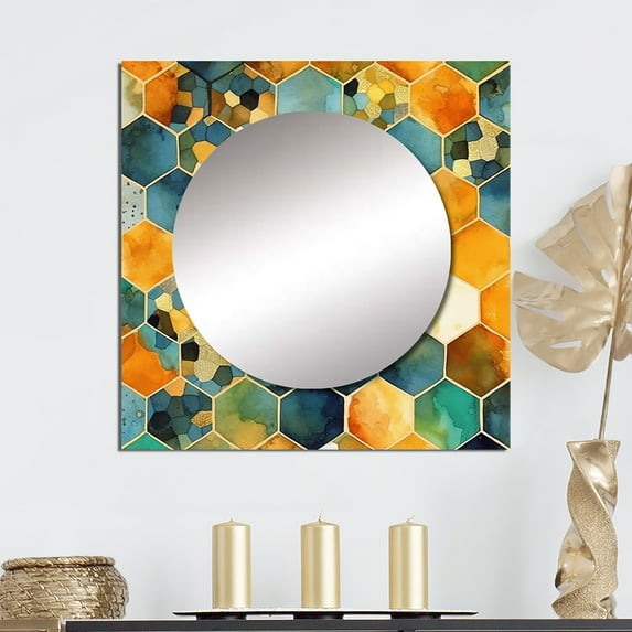 Designart "Chromatic Hexa Mirage III" Abstract Shapes Square Mirror For Wall Decor - Large Multi-Color Square Printed Wall Mirror Art - Square Transitional Mirror - Wall Mounted Square Large Mirror