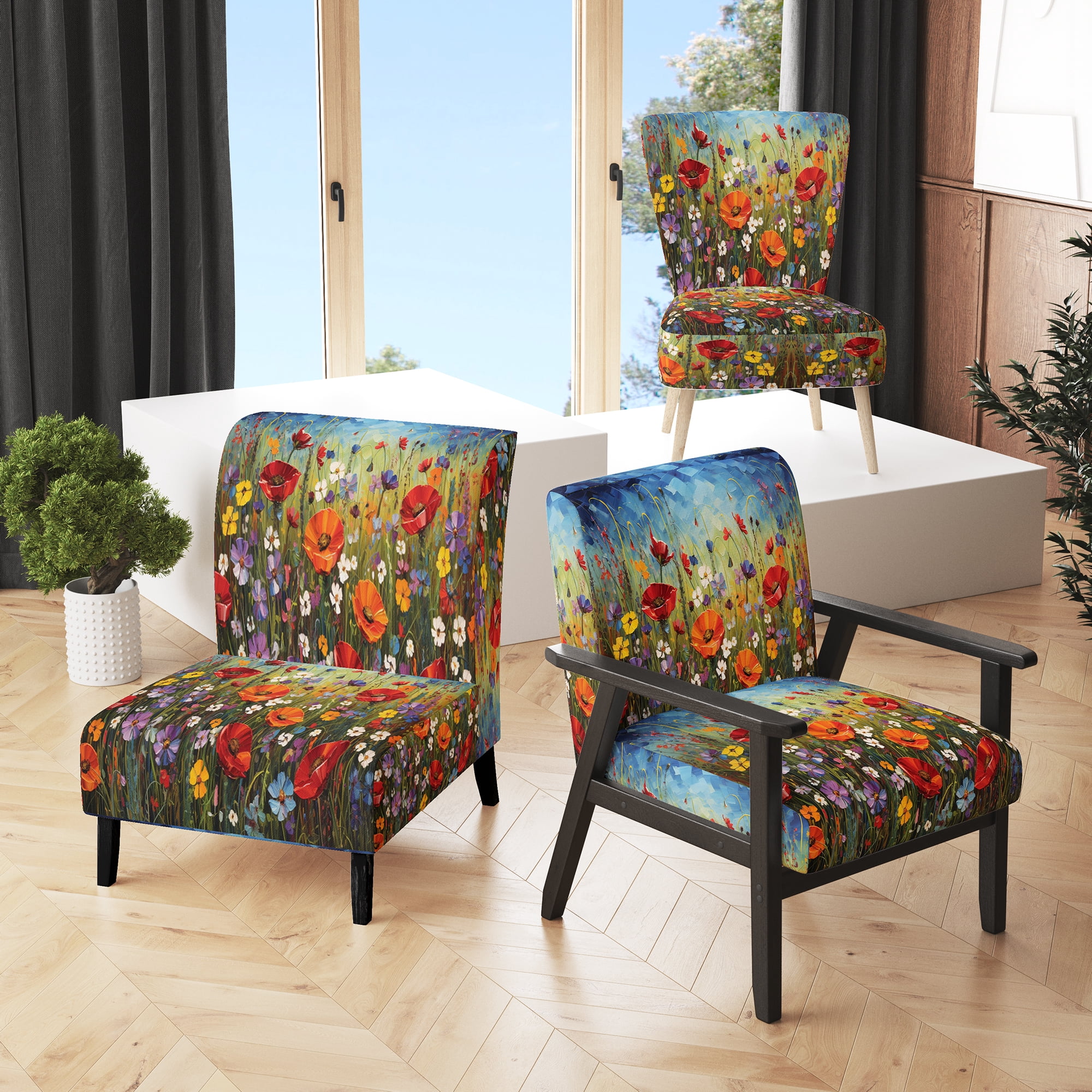 Designart "Chromatic Meadows with Abstract Wildflowers I" Multi-Color Wildflowers Upholstered ...