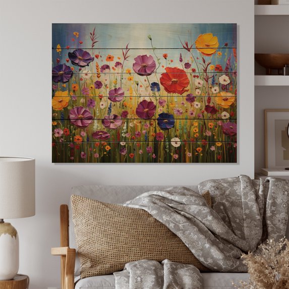 Designart "Chromatic Meadows with Abstract Wildflowers II" Floral Print on Natural Pine Wood