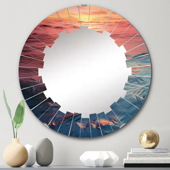 Designart "Chromatic Waterscapes Along the Coast III" Nautical & Beach Round Wall Mirror - Coastal Oval Printed Decorative Oversized Mirror - Multiple Color Options
