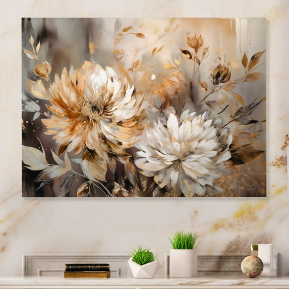 Designart "Chrysanthemum Artistry in Gold White" Floral Chysanthemum Metal Wall Art