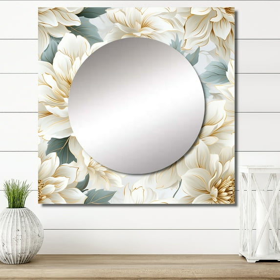 Designart "Chrysanthemum Mandala Serenity II" Floral White Large Square Mirror - Square Bedroom Mirror Printed Wall Decor - Cottage Square Printed Wall Mirror Art