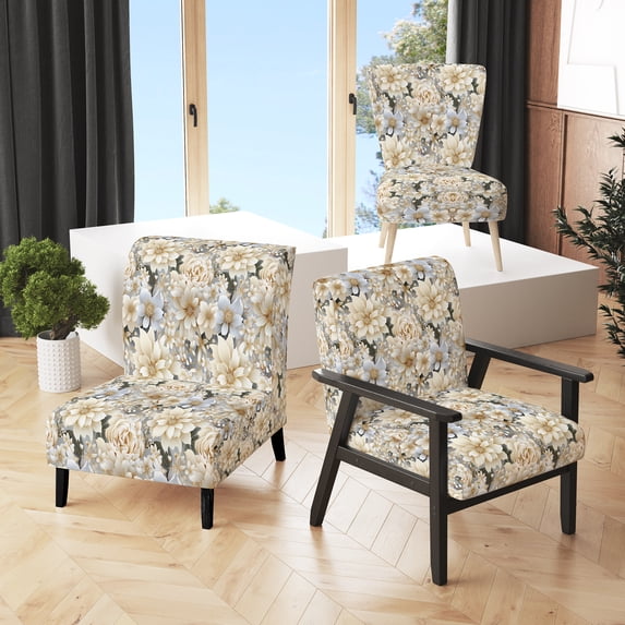 Designart "Chrysanthemum Mandala Serenity III" White Floral Upholstered Accent Chair - Cottage Arm Chair For Living Room
