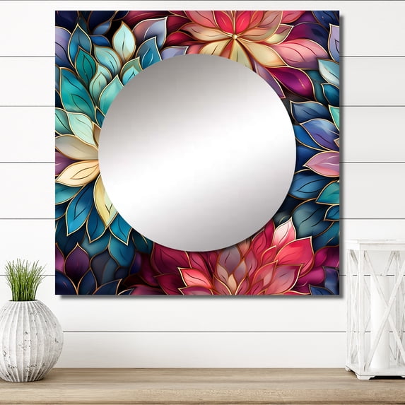 Designart "Chrysanthemum Moroccan Illusion" Floral Square Mirror For Wall Decor - Large Multicolor Square Printed Wall Mirror Art - Square Cottage Mirror - Wall Mounted Square Large Mirror