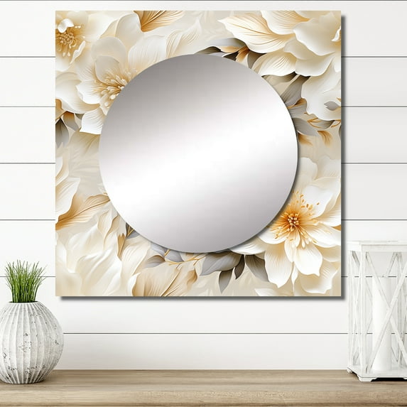Designart "Chrysanthemum Purity" Floral Square Mirror Wall Decor Cottage - Large White Square Bathroom Mirror - Square Printed Wall Mirror Art