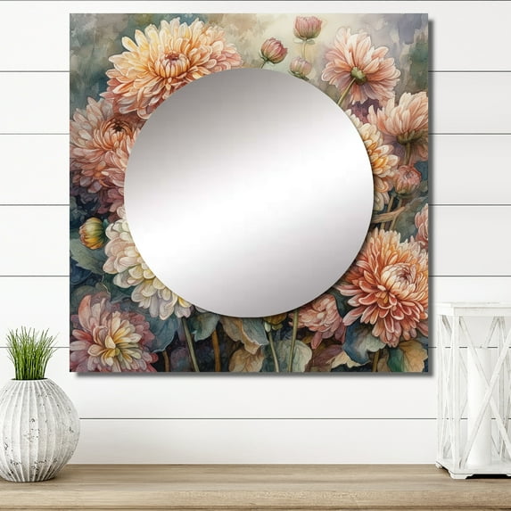 Designart "Chrysanthemum Scenery Orange Pink II" Floral Chysanthemum Square Mirror For Wall Decor - Large Orange Square Mirror Printed Wall Decor - Traditional Square Living Room Mirror