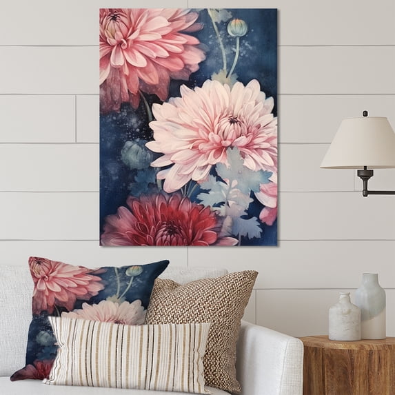 Designart "Chrysanthemums in Pink and White, a Nature s Melody I" Floral Metal Art Living Room