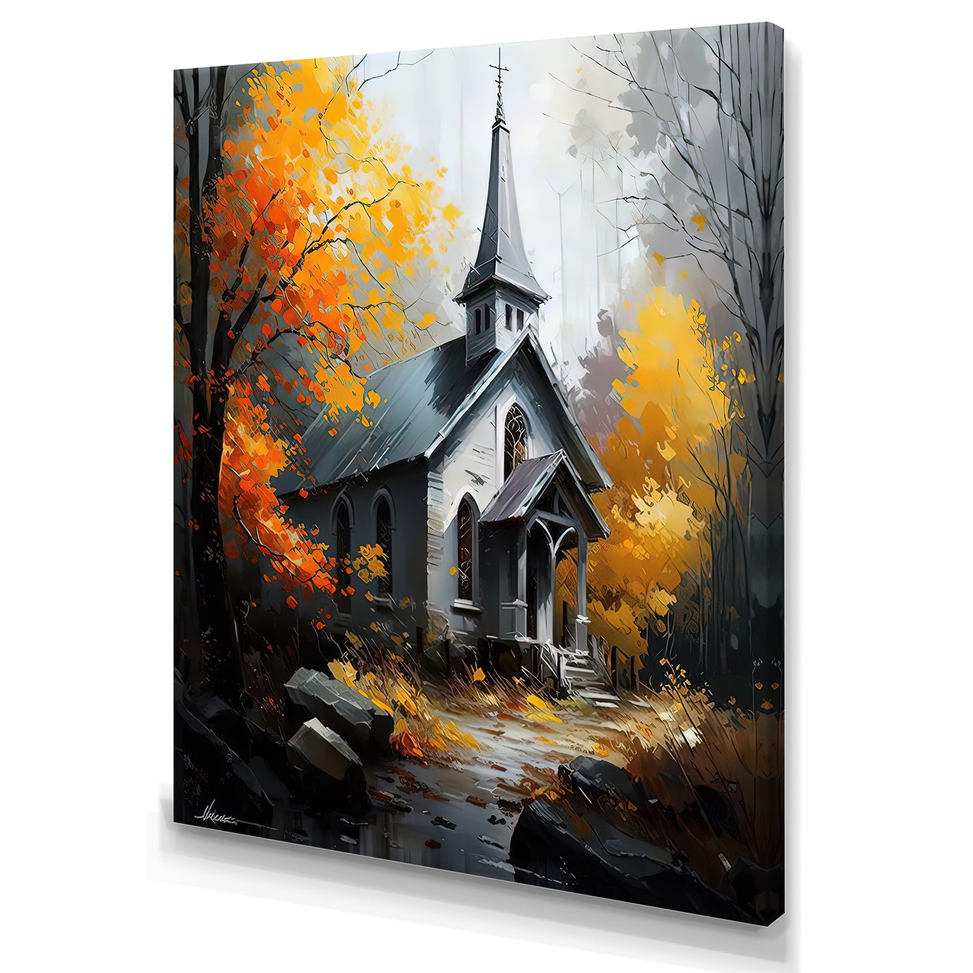 Designart Church In Forest In Autumn II Canvas Wall Art