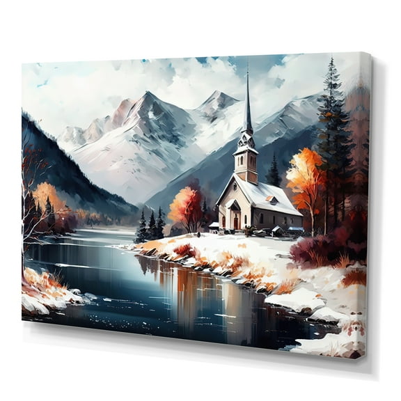 Designart Church On A Lake In Winter I Canvas Wall Art