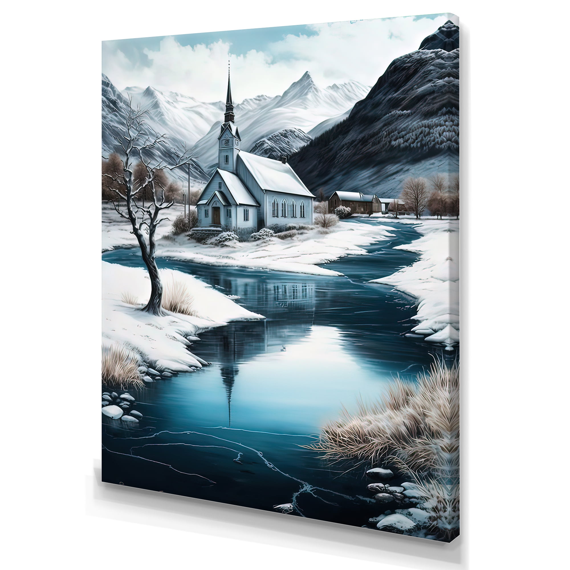Designart Church On A Lake In Winter II Canvas Wall Art