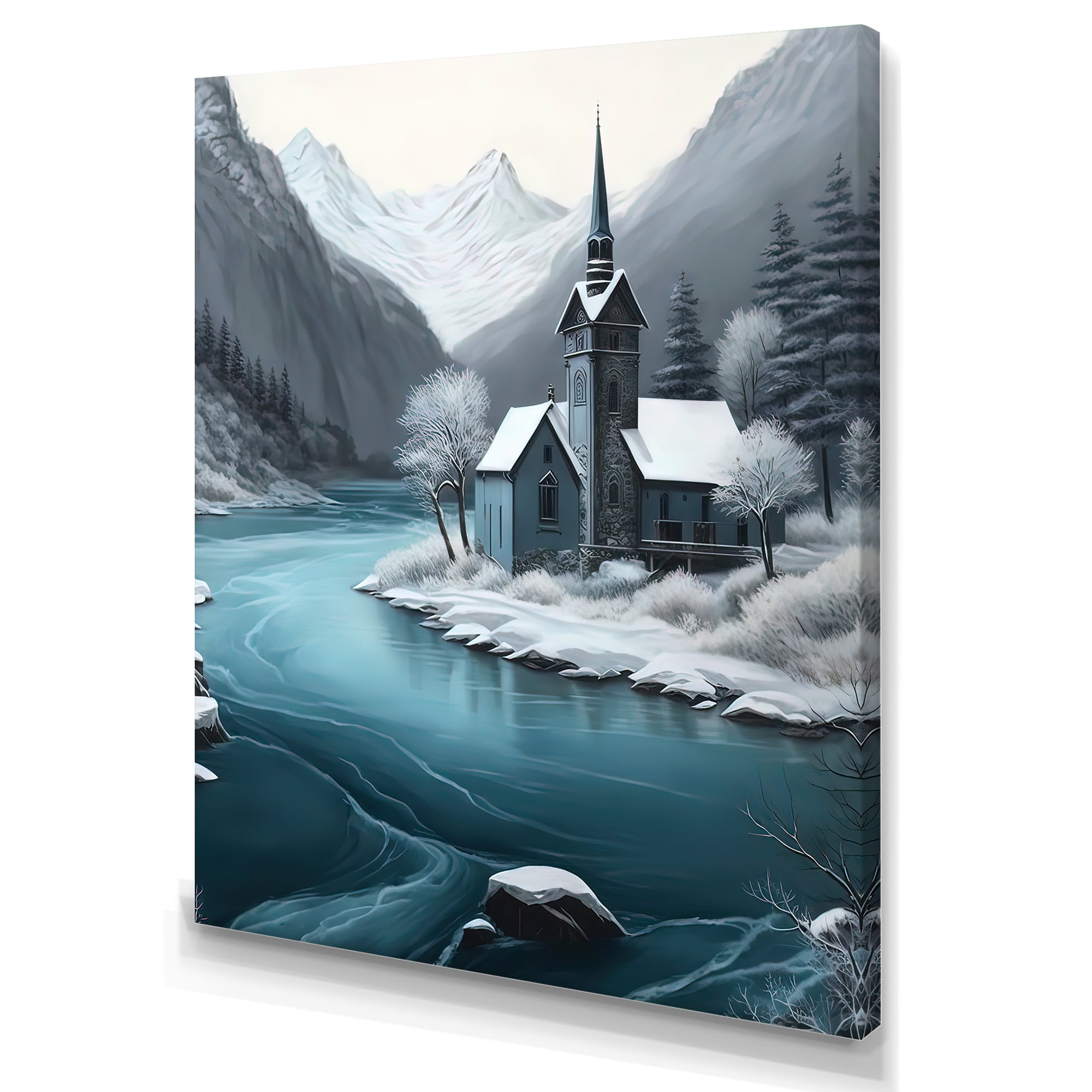 Blue and White Winter Church Landscape Canvas Art