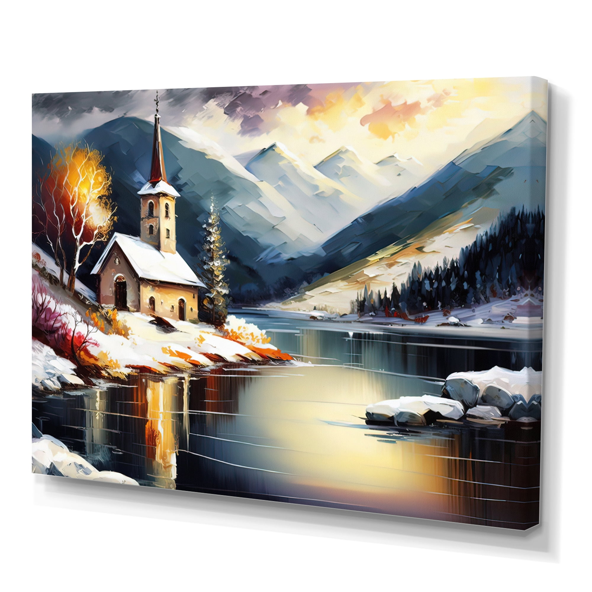 Designart Church On A Lake In Winter IV Canvas Wall Art